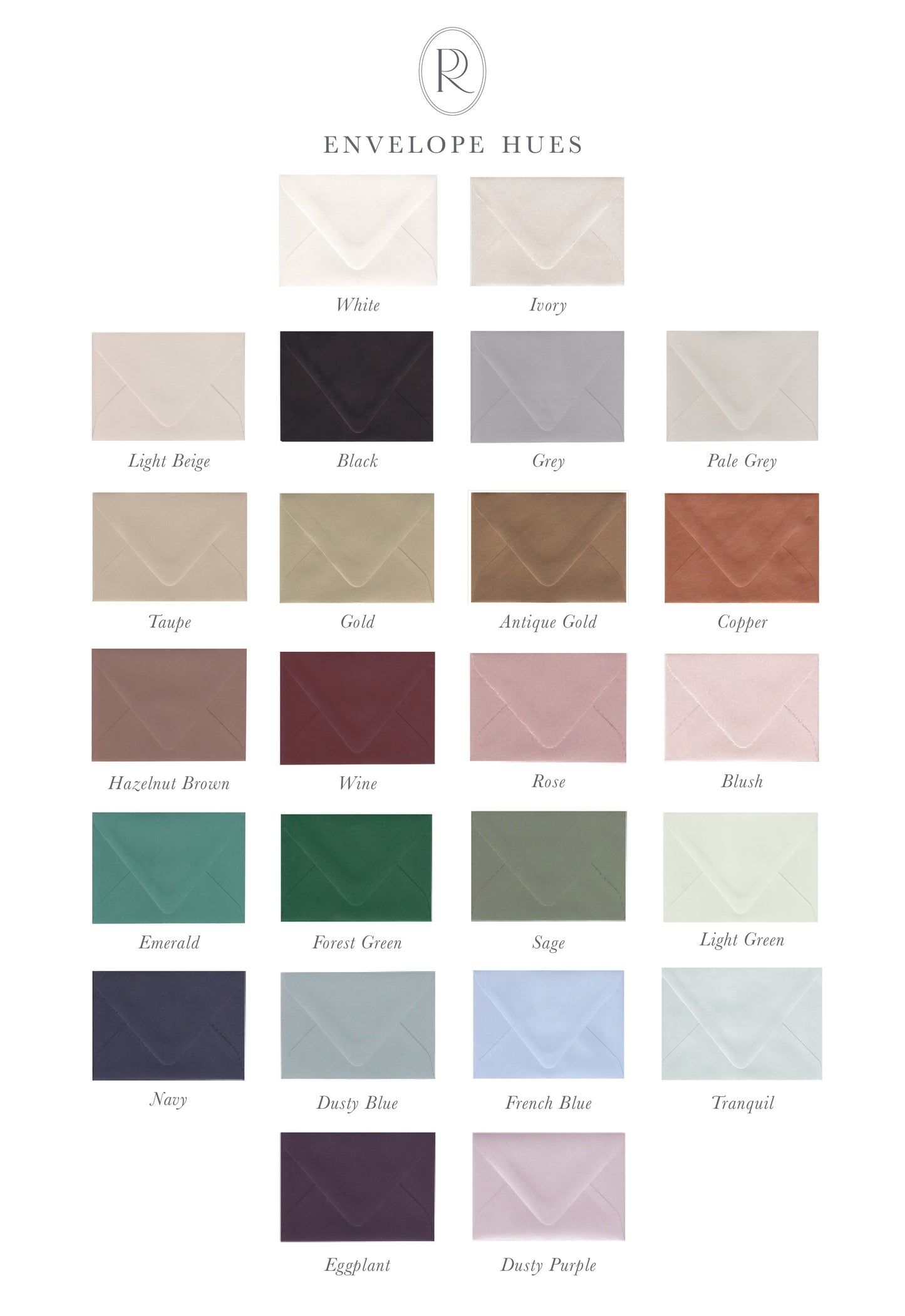 Color swatches of envelopes labeled with their names on a white background