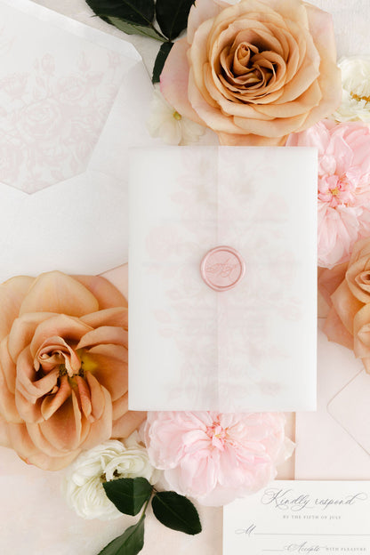 An elegant vellum wrap with wax seal custom monogram of the Amanda Rose Suite.