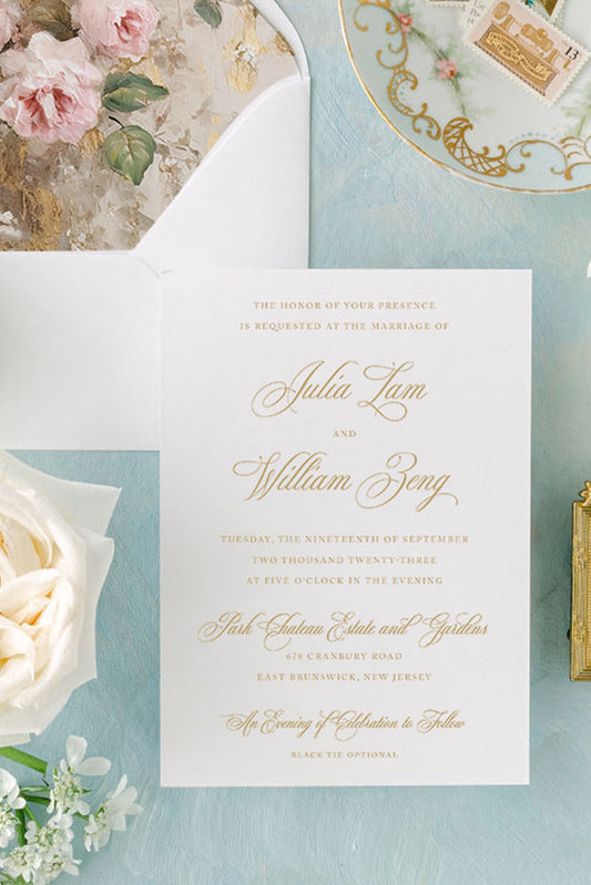 Close-up detail of The Julia Suite showing elegant gold foil lettering and delicate flourishes